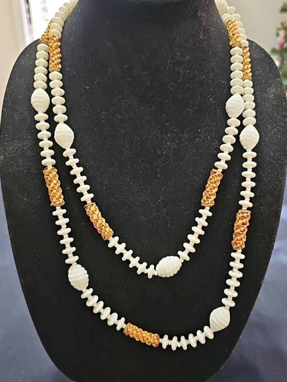Vintage 1970s Miriam Haskell Long Elegant White and Gold Beaded Layered Necklace